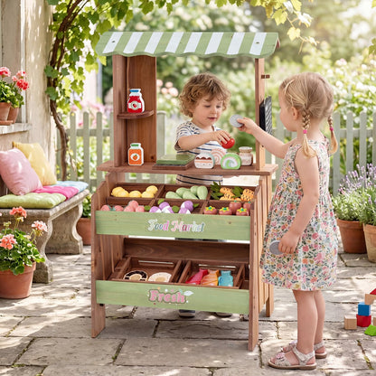 Wooden Kids Grocery Store Playset with Chalkboard | Indoor Outdoor Farm Market Stand