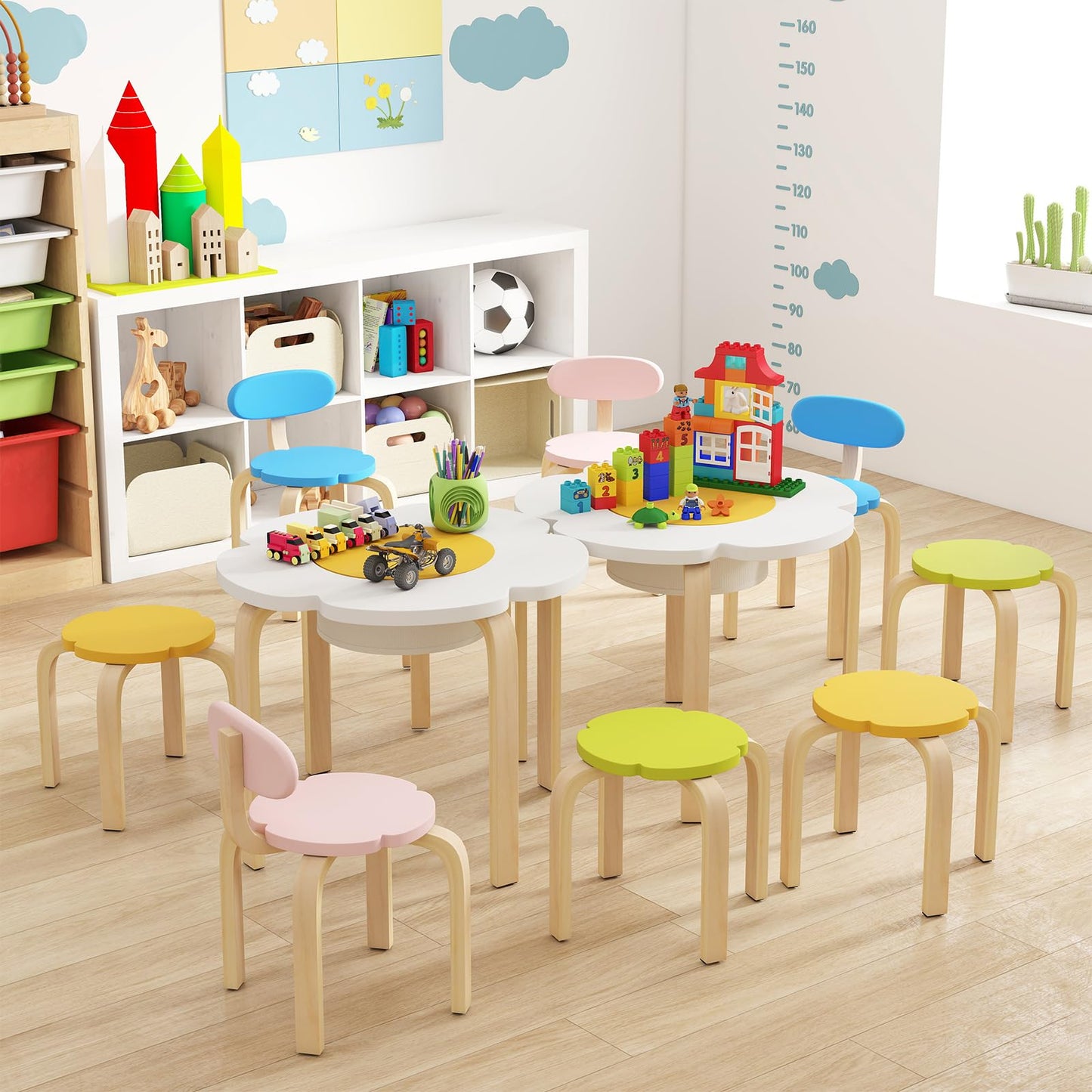 Flower-shaped Children Table Set with 2 Colorful Chairs and Stools