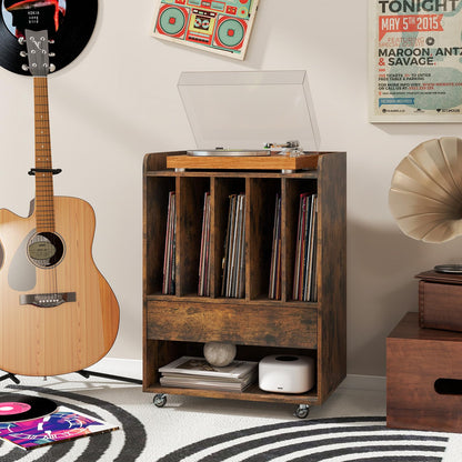 Record Player Stand On Wheels with 5 Compartments for Living Room Bedroom