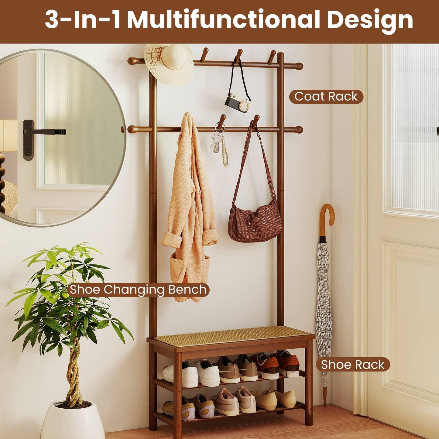Bamboo Coat Rack PE Rattan Hall Tree with Bench and Shoe Storage