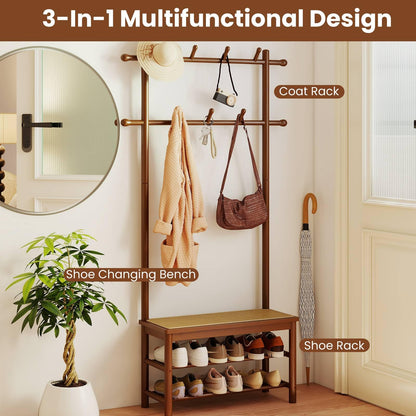 Bamboo Coat Rack PE Rattan Hall Tree with Bench and Shoe Storage