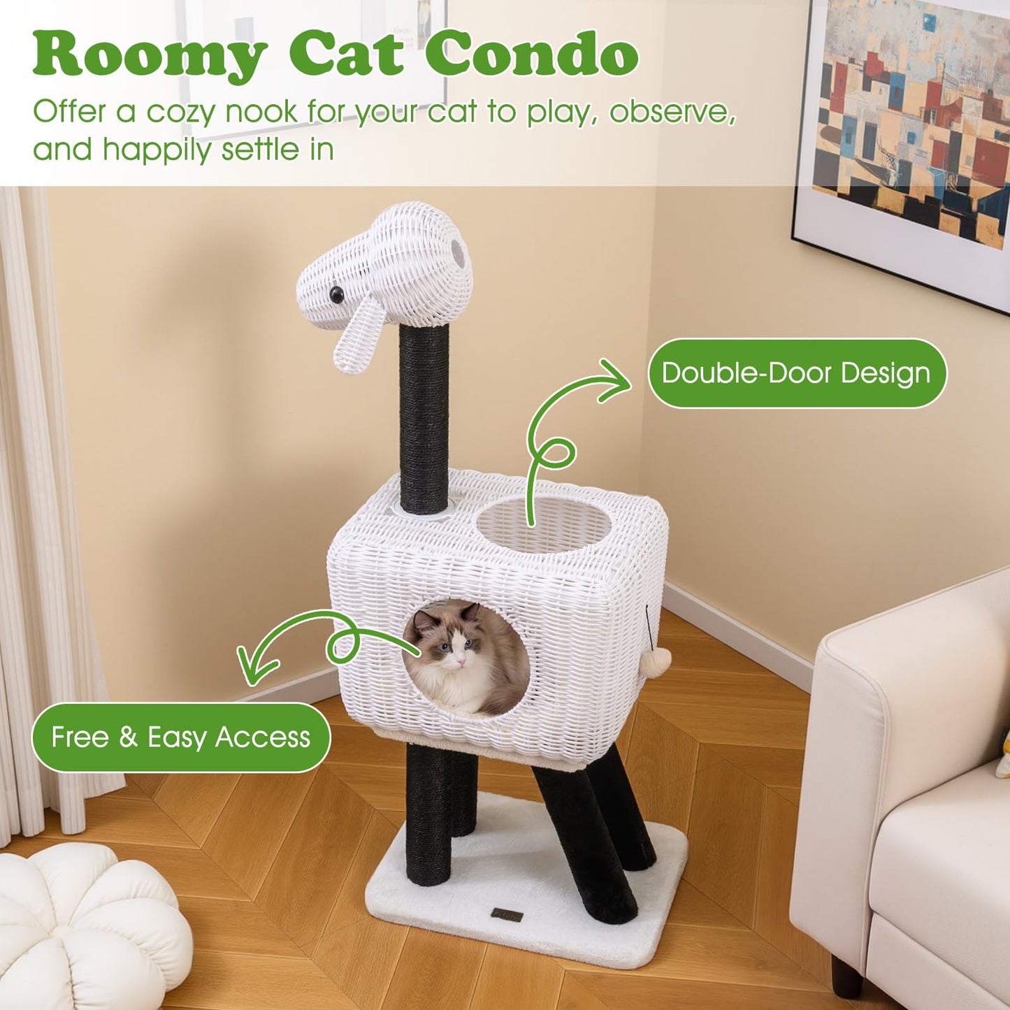 Cat Tree 110cm Lamb-Shaped Cat Tower with 2-Door Rattan Condo Sisal Scratching Posts