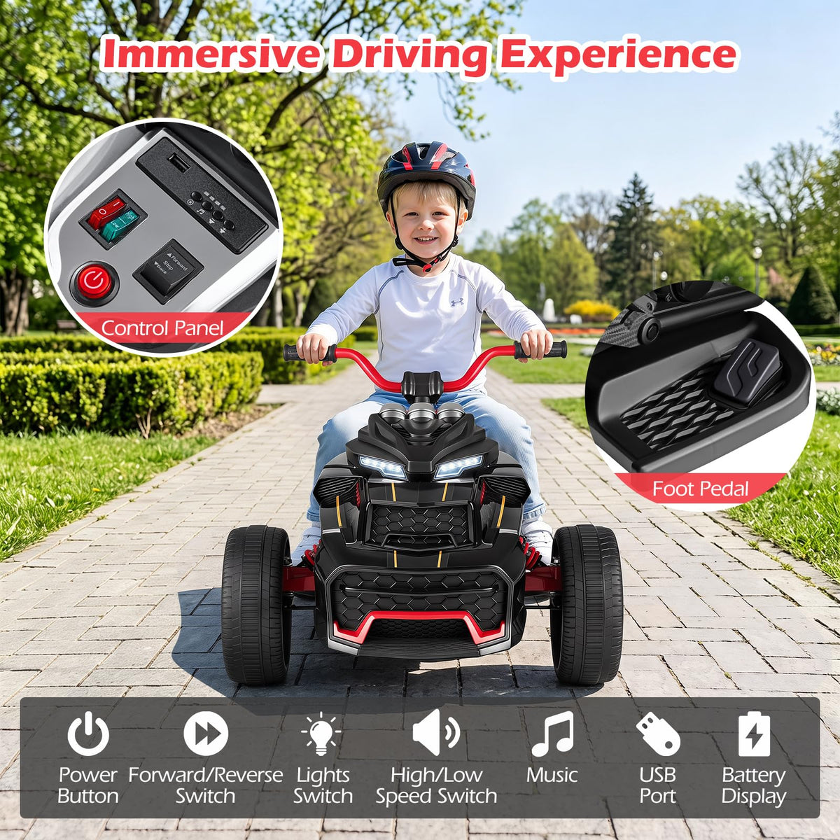 12V Kids Electric Quad Bike with Music, High/Low Speed, USB Port