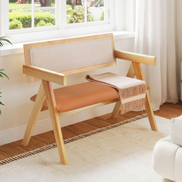 Rubber Wood Dining Bench with Armrest and Sherpa Upholstered Backrest