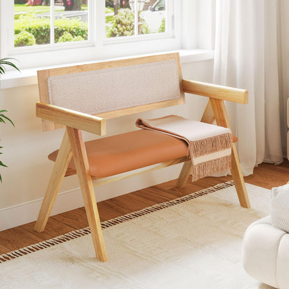 Rubber Wood Dining Bench with Armrest and Sherpa Upholstered Backrest