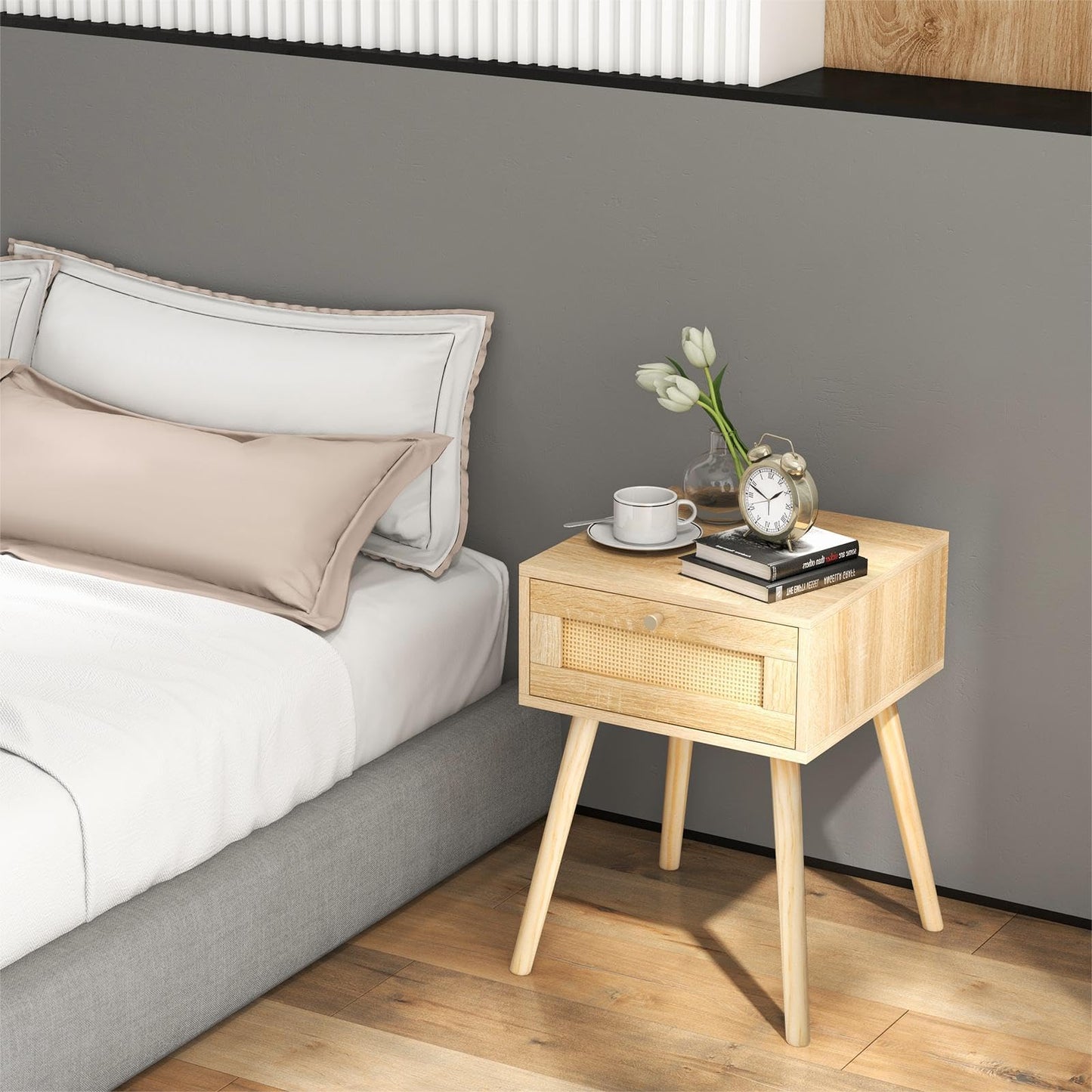 Boho Bedside Table with Hand-woven Rattan Decoration