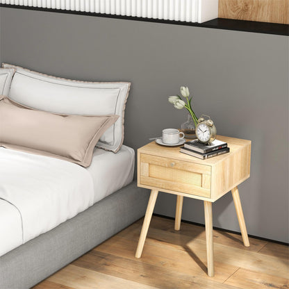 Boho Bedside Table with Hand-woven Rattan Decoration