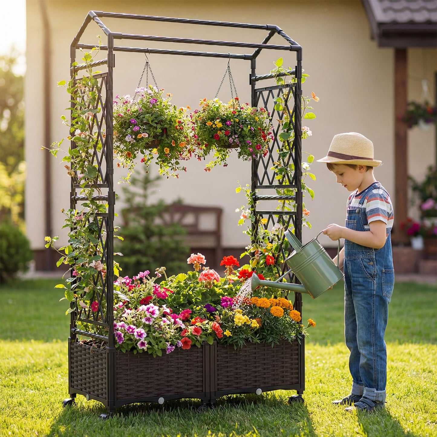 Self-Watering Planter Boxes with Lattice Trellis and Roof for Climbing Vine