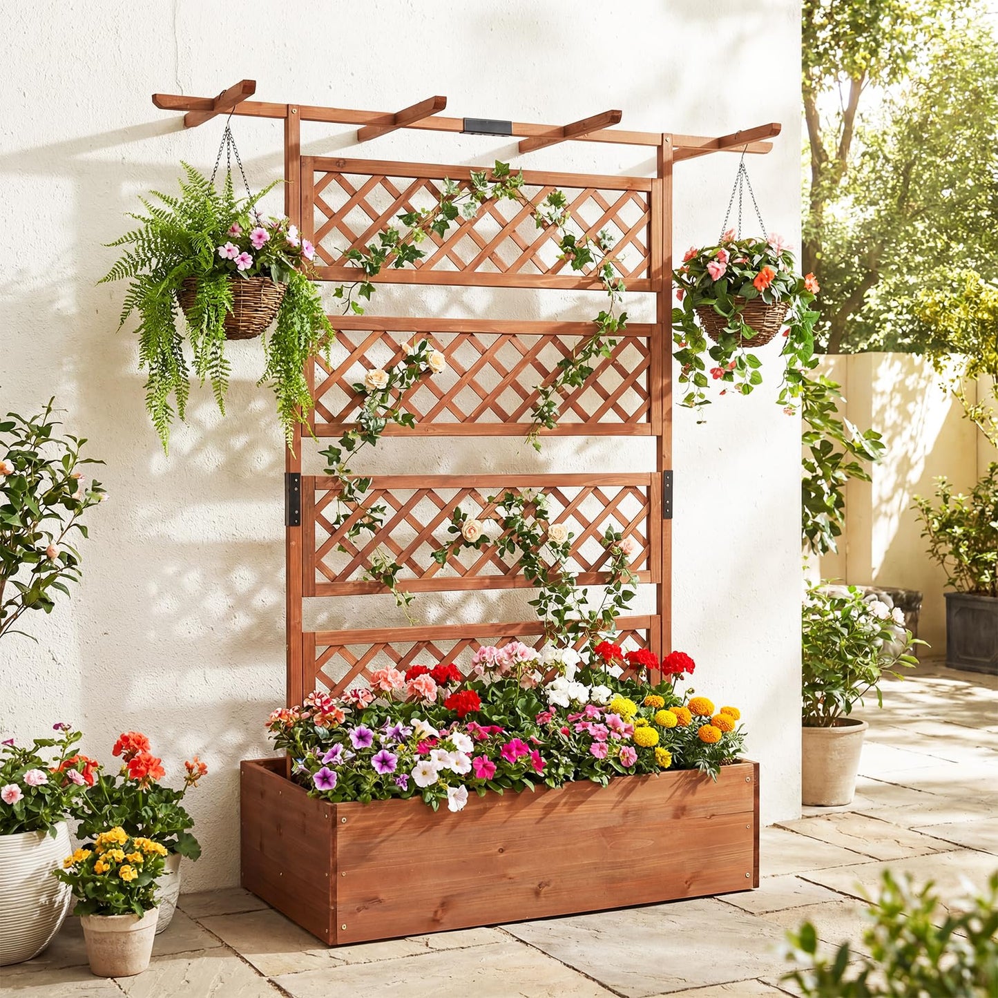 Wooden Planter Box Raised Garden Bed with Lattice Trellis