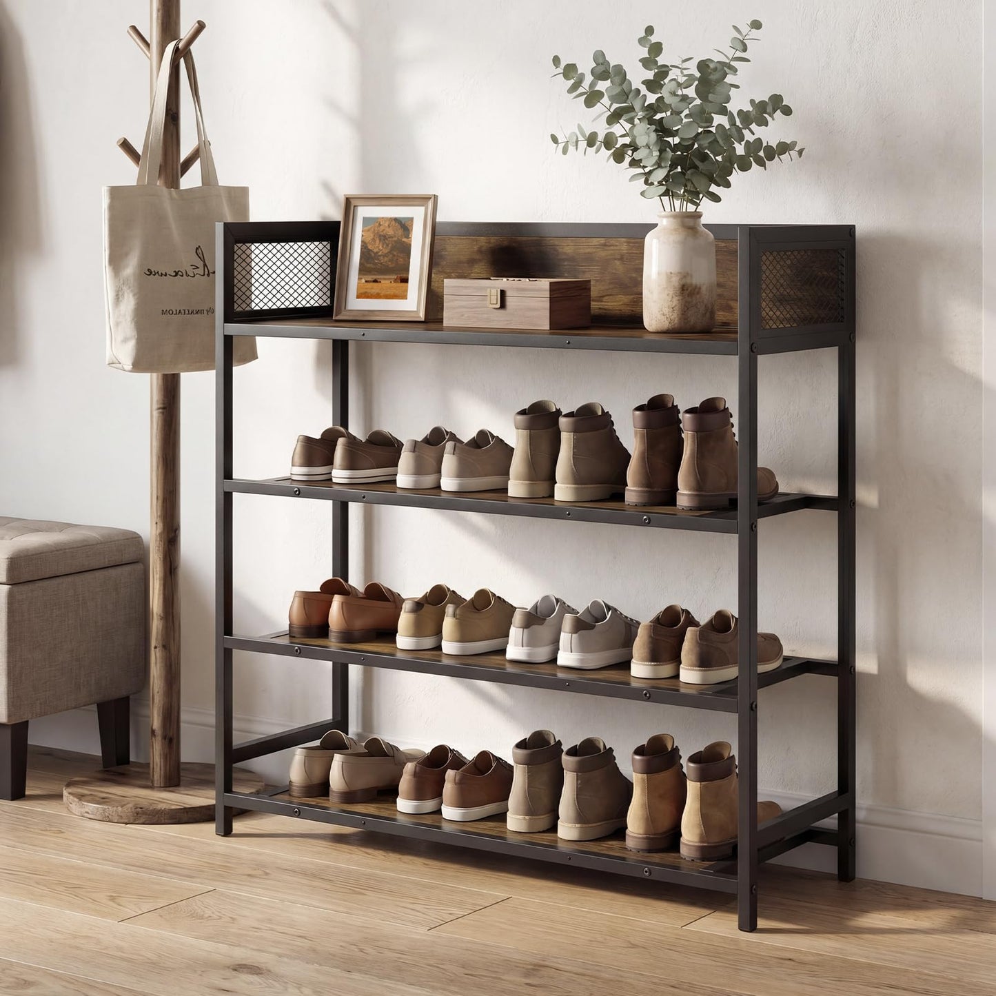 4-Tier Shoe Rack, Freestanding Narrow Shoes Shelf Stand with Anti-Fall Barrier