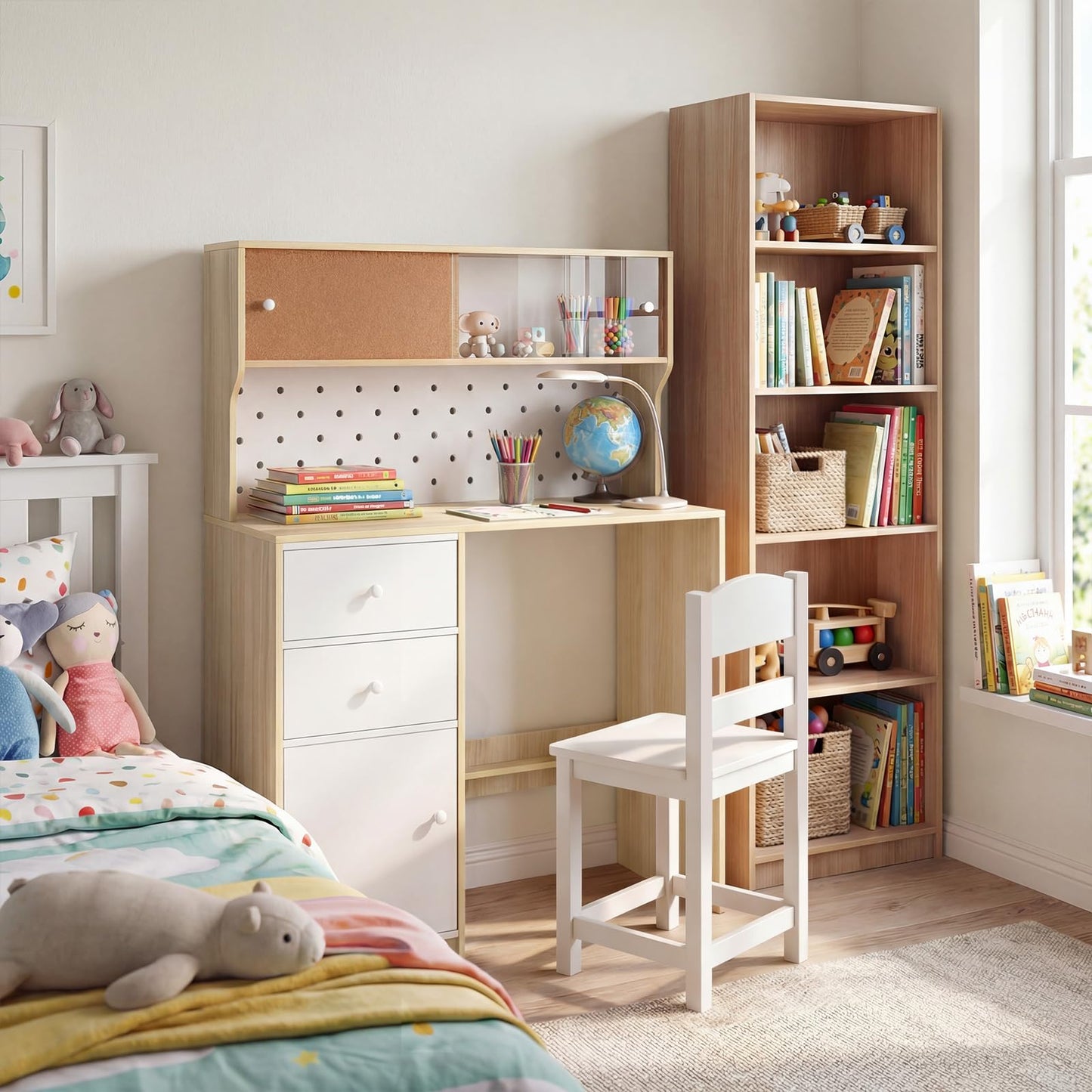 Wooden Kids Desk and Chair Set, Children Table and Chair with Pegboard