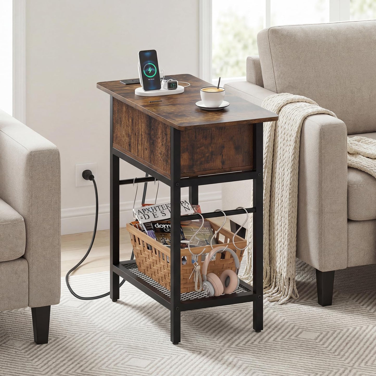 Narrow End Table Skinny Sofa Side Table for Small Space