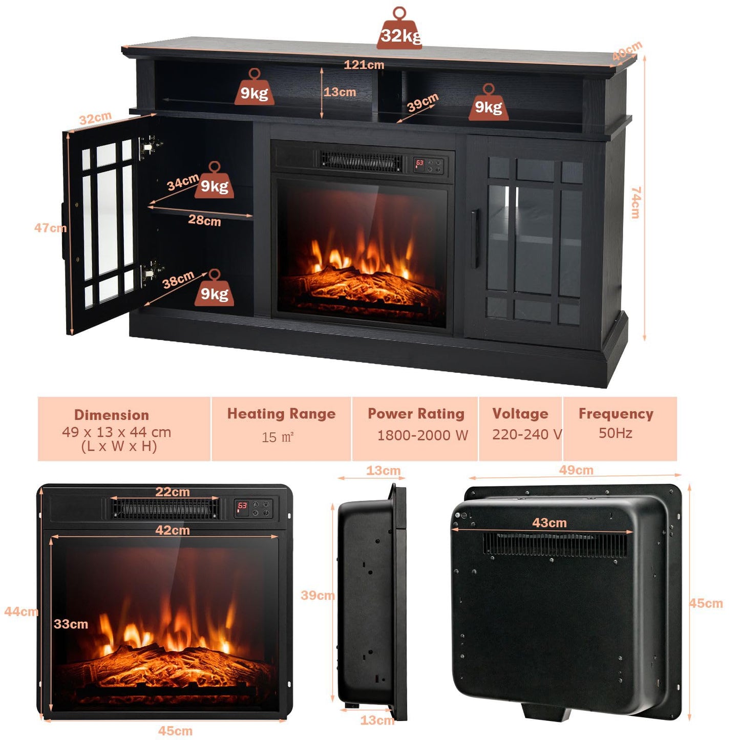 48cm Fireplace TV Stand with LED Lights Entertainment Center for 65 Inch TV