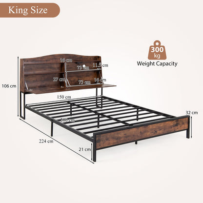 King Size Industrial Metal Platform Bed Frame with Charging Station and Storage Headboard