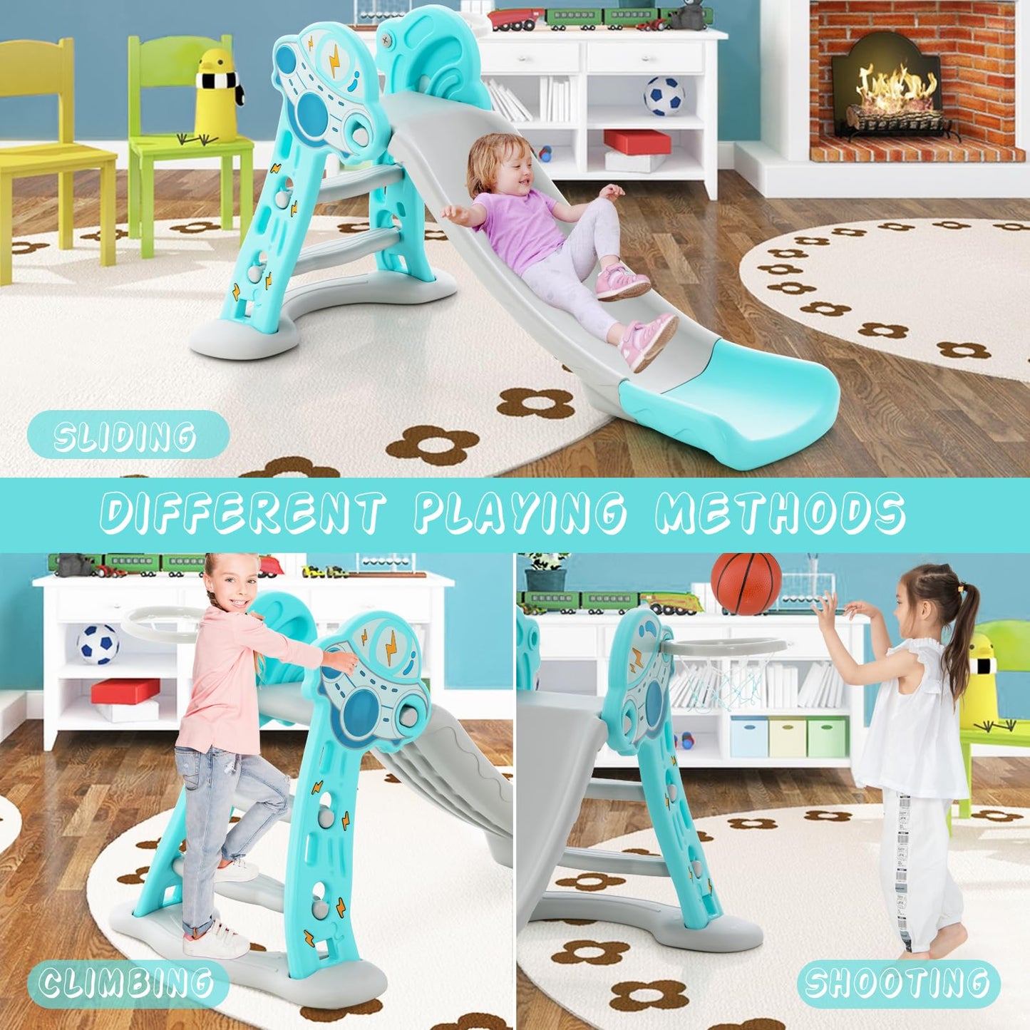 3-in-1 Indoor Slide with Basketball Hoop & Small Basketball for Kids