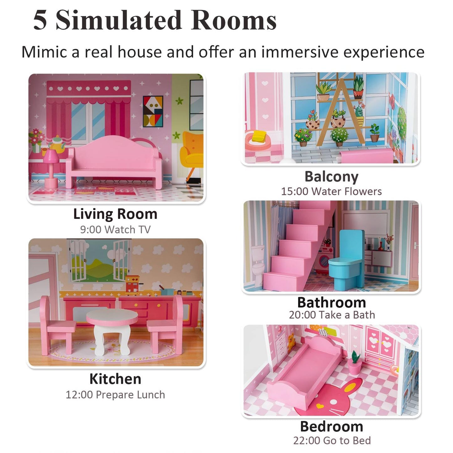 Kids Wooden Dollhouse DIY Pretend for Toddlers 3-7 Years Old