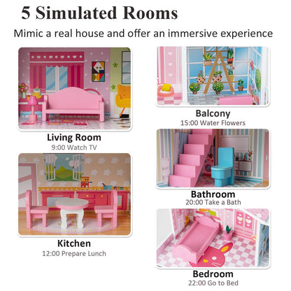 Kids Wooden Dollhouse DIY Pretend for Toddlers 3-7 Years Old