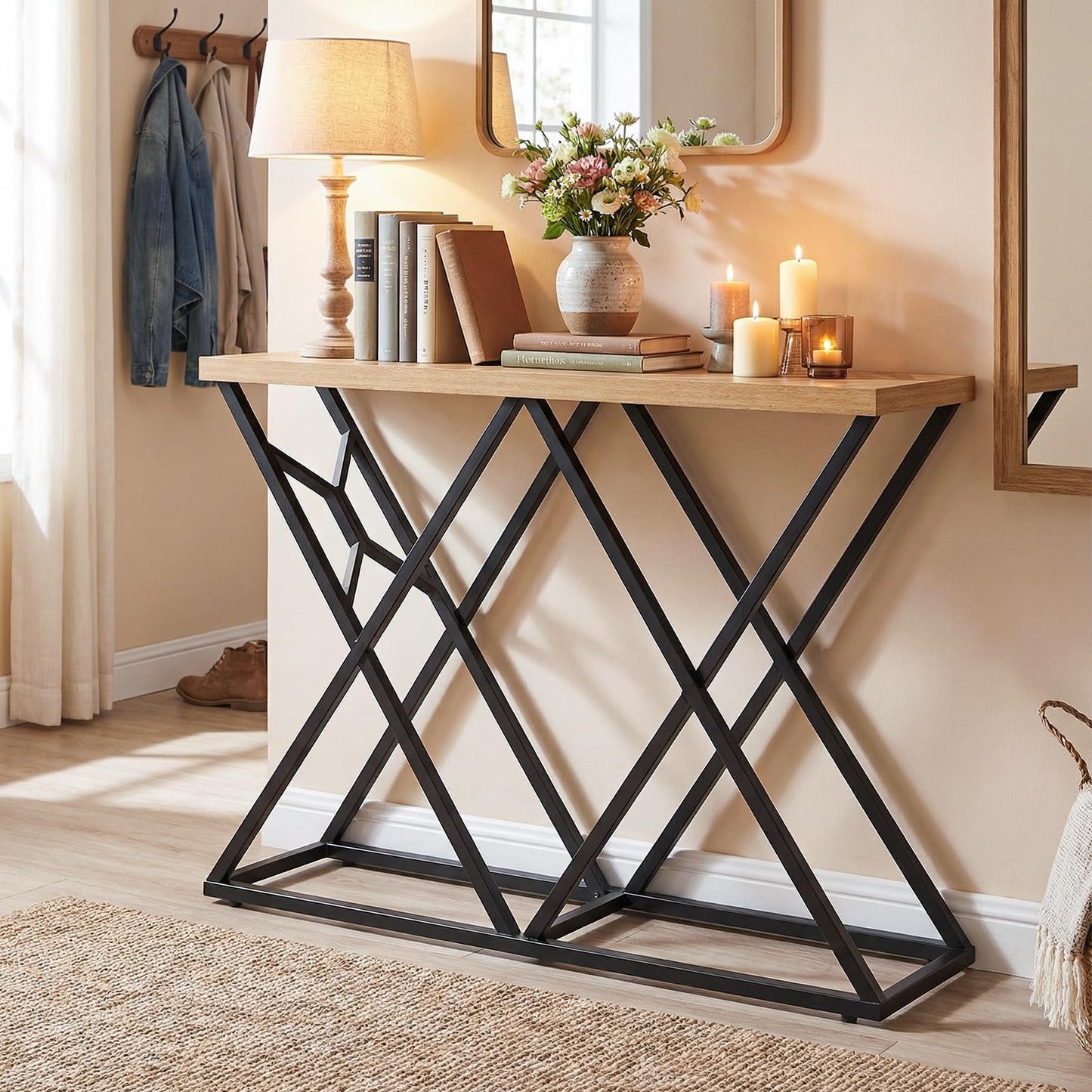 140CM Farmhouse Entryway Table with Geometric Metal Base