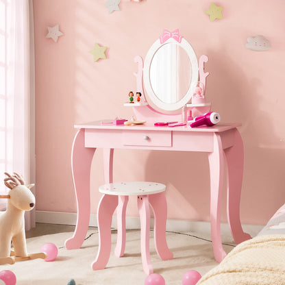 2 in 1 Kids Vanity Table with Stool and 360° Rotating Mirror