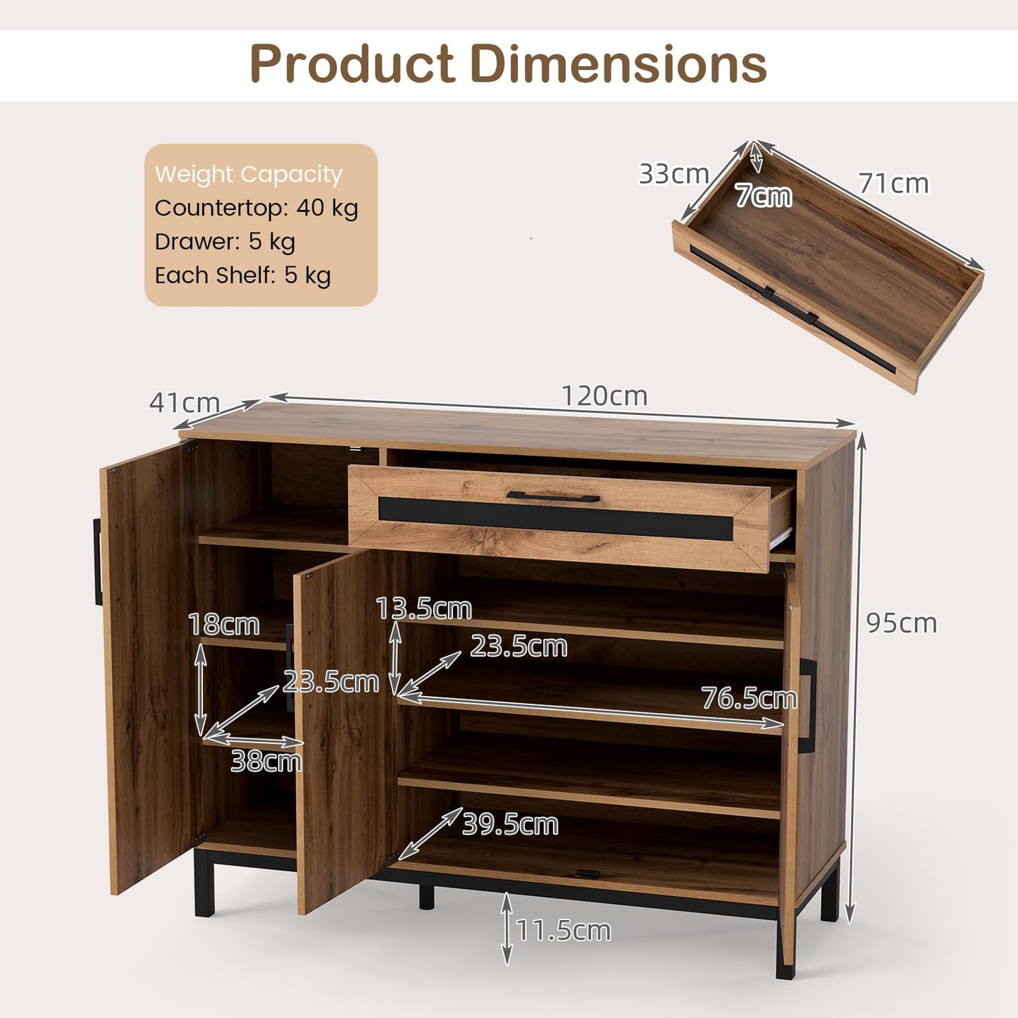 Storage Cabinet, Wooden Buffet Sideboard with Drawer, Doors, Removable Shelves
