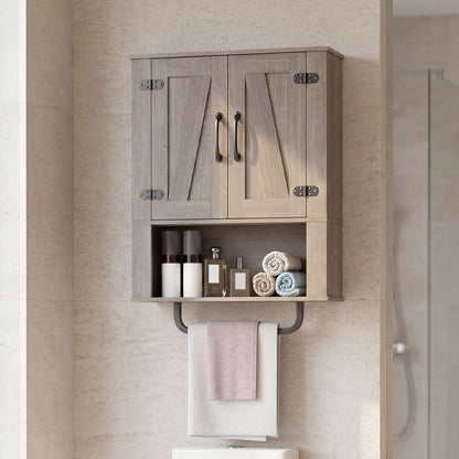 Bathroom Wall Cabinet with 2 Barn Doors & Metal Towel Bar