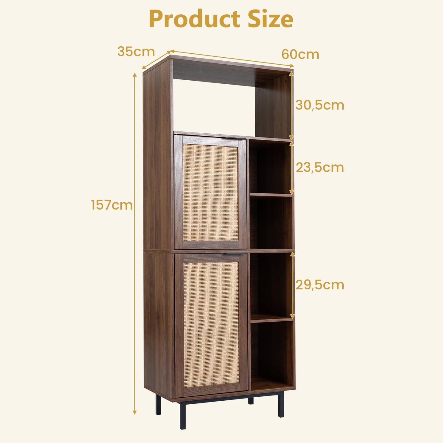 120 cm Storage Cabinet with 2 Rattan Doors & 5 Compartments