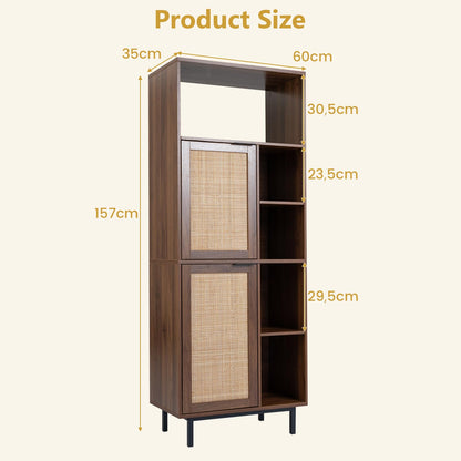 120 cm Storage Cabinet with 2 Rattan Doors & 5 Compartments
