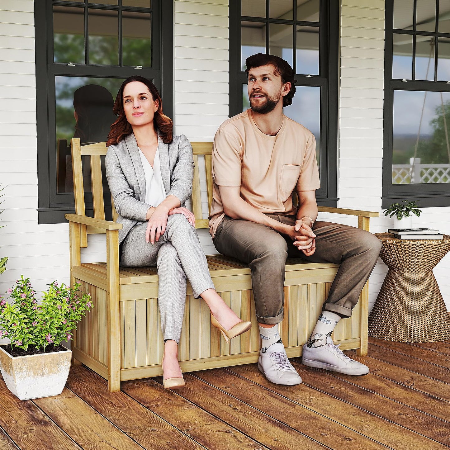 185L Patio Storage Bench Solid Wood Storage Loveseat with Backrest and Armrests