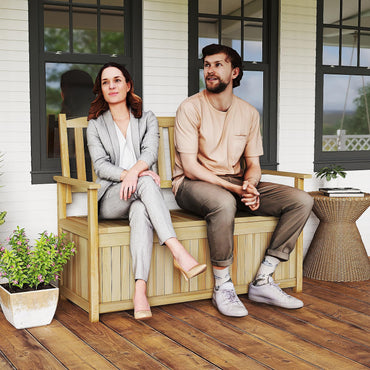 185L Patio Storage Bench Solid Wood Storage Loveseat with Backrest and Armrests