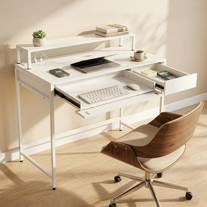Computer Desk with Power Outlets, 100 x 50 x 90cm Office Desk | Removable Monitor Stand, Dual-use Drawer