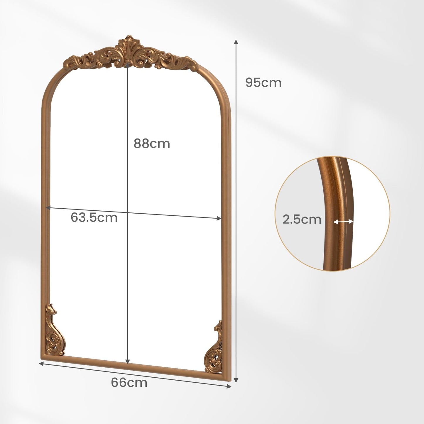 Decorative Wall Mirror, Baroque Ornate Arched Mirror with Hanging Hooks