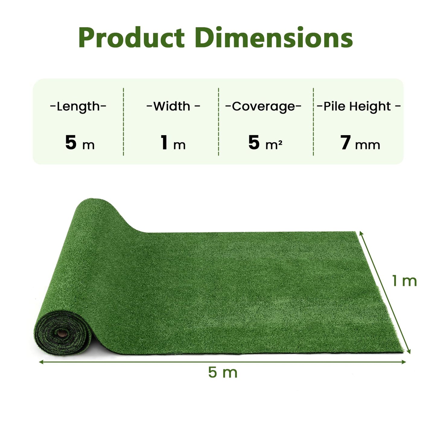 GiantexUK 5M x 1M Artificial Grass, 7/20 mm Pile Height Fake Grass Turf