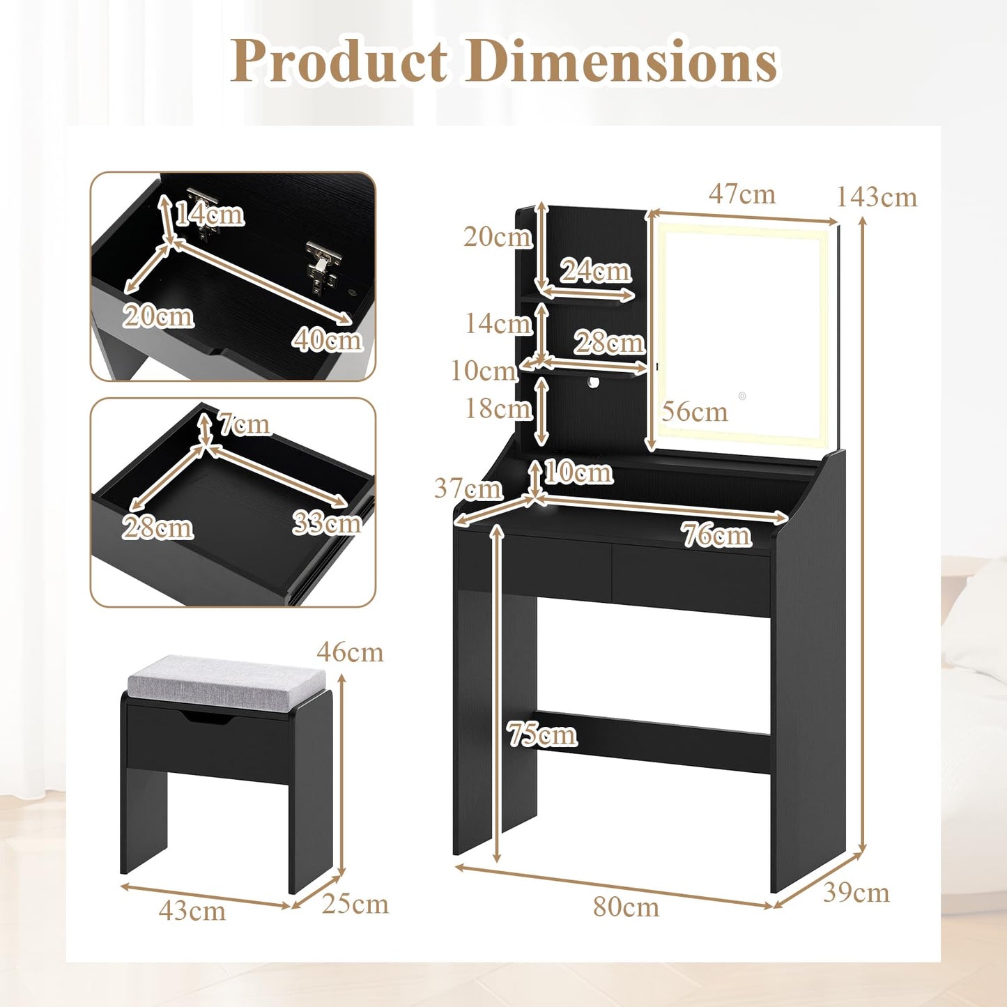 Dressing Table with LED Mirror and Cushioned Storage Stool