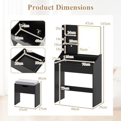 Dressing Table with LED Mirror and Cushioned Storage Stool