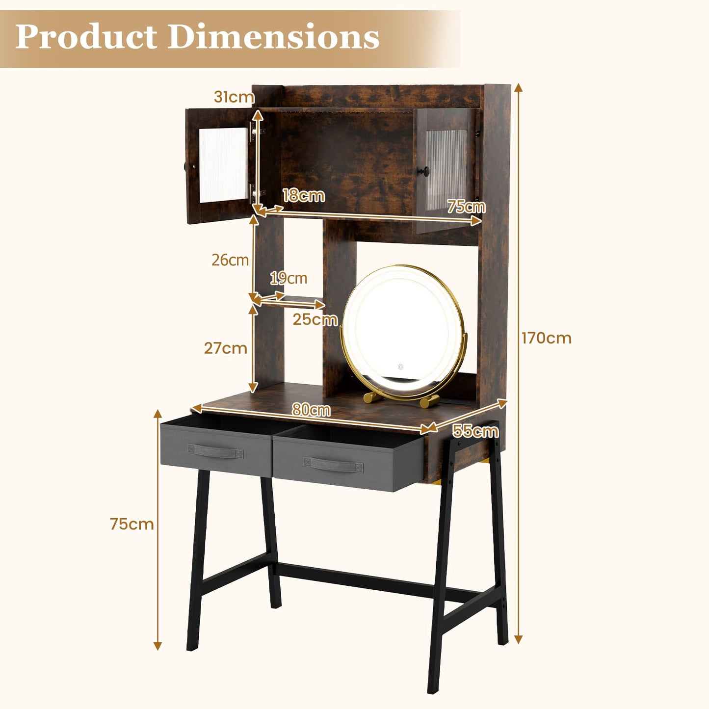 Dressing Table with 360° Rotation LED Vanity Mirror, Makeup Table Vanity Desk