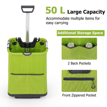 50L Folding Shopping Trolley on Wheels with 3 Pockets & Retractable Handle