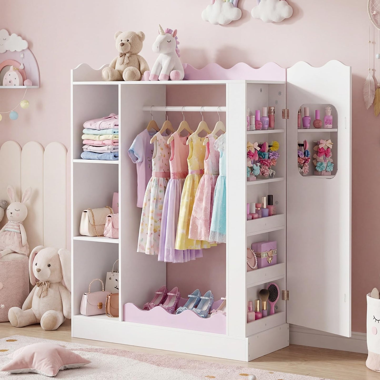 Kids Dress Up Storage, Wooden Children Wardrobe with Mirrors