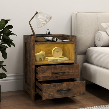 Nightstand with LED Lights and Power Outlets for Living Room