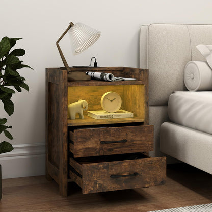 Nightstand with LED Lights and Power Outlets for Living Room