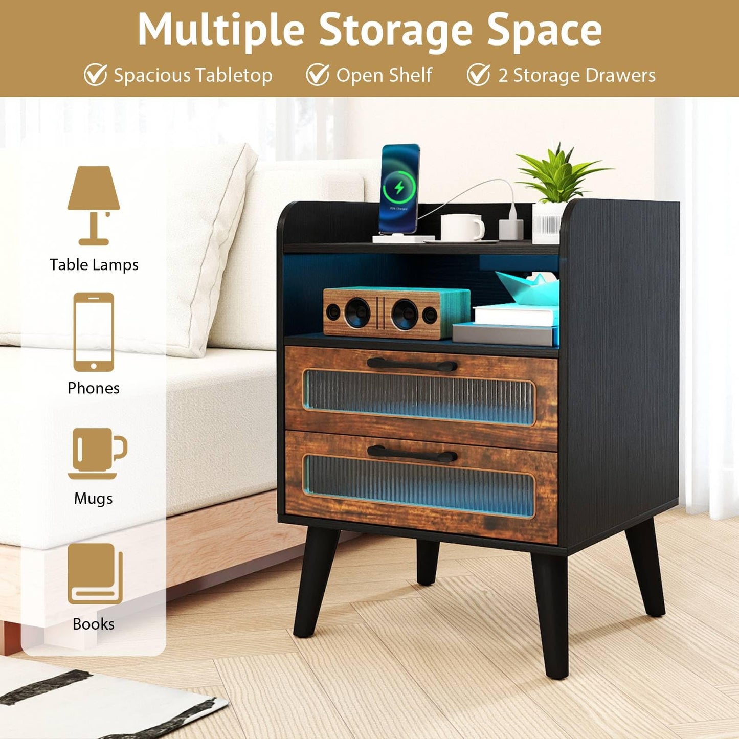 Mid Century Nightstand Modern Bedside Table with Charging Station