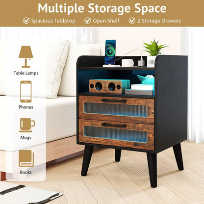 Mid Century Nightstand Modern Bedside Table with Charging Station