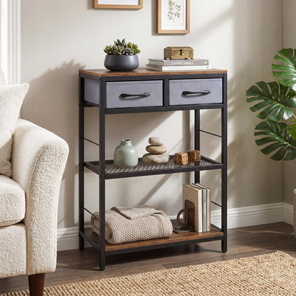 3-Tier Narrow Console Table with 2 Fabric Drawers and Open Shelves