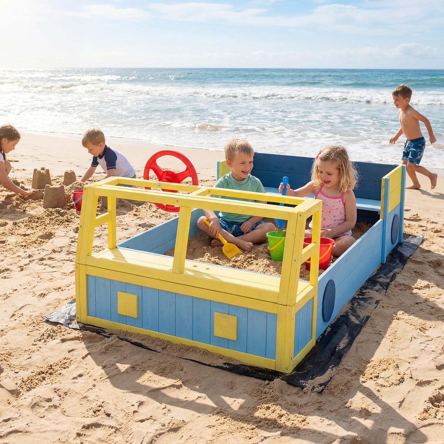 Kids Wooden Sandbox Large Car-Theme Sand Box with Bottom Liner Frame