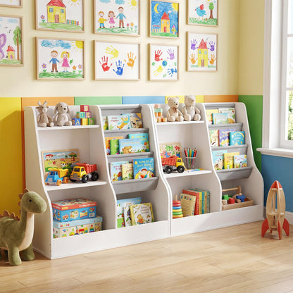 Kids Bookshelf 80 CM Wooden Toy Storage Organizer with 3 Tiers of Fabric Pockets