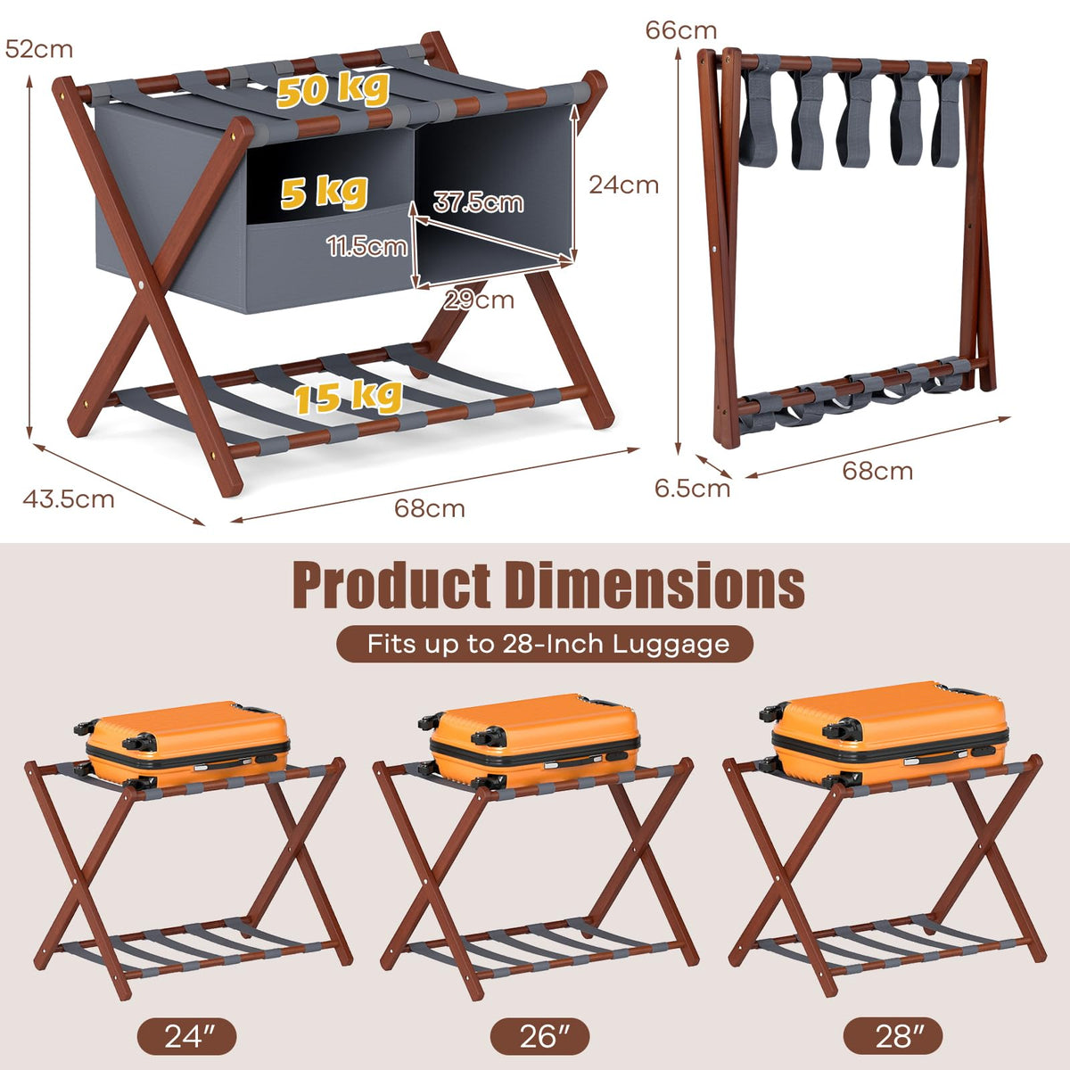 68 cm Foldable Bamboo Luggage Rack with Removable 2-Compartment Storage Bag