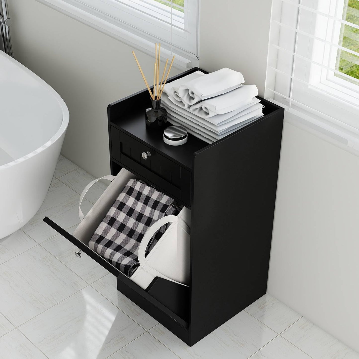Bathroom Storage Cabinet with Drawer and Removable Hamper