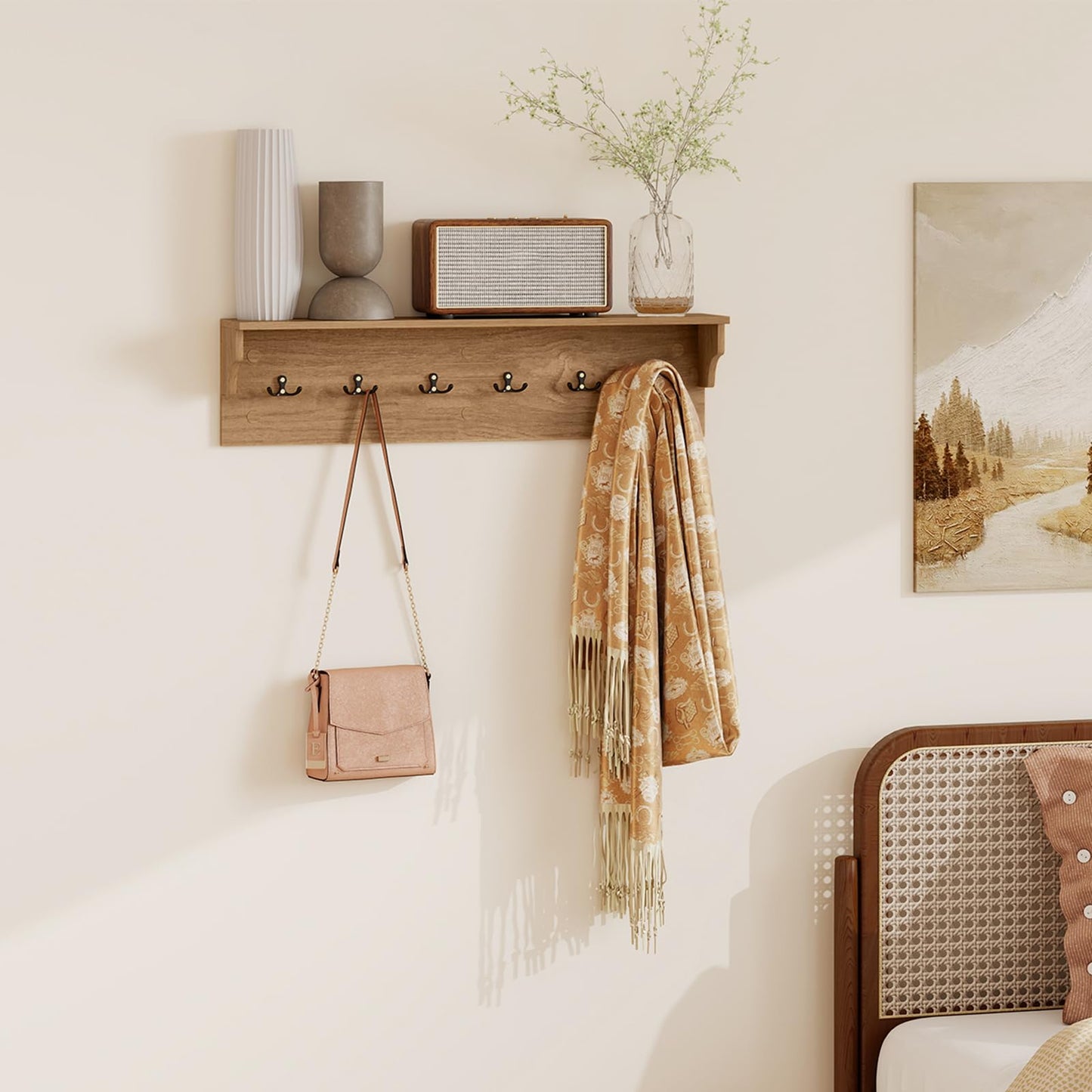 Wall-Mounted Coat Rack with Shelf, 80cm Wooden Wall Shelf Clothes Hanger