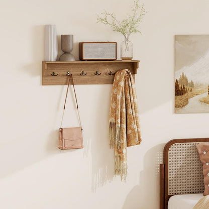 Wall-Mounted Coat Rack with Shelf, 80cm Wooden Wall Shelf Clothes Hanger