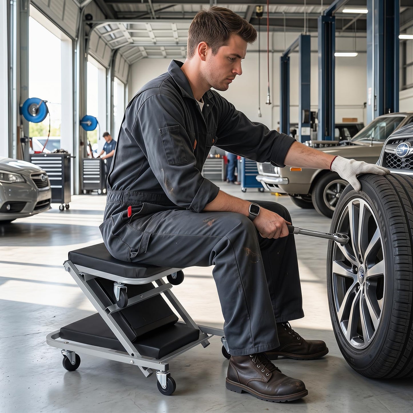 6 Rotatable Wheels, Z-Creeper Seat, Padded Mechanics Creeper Stool