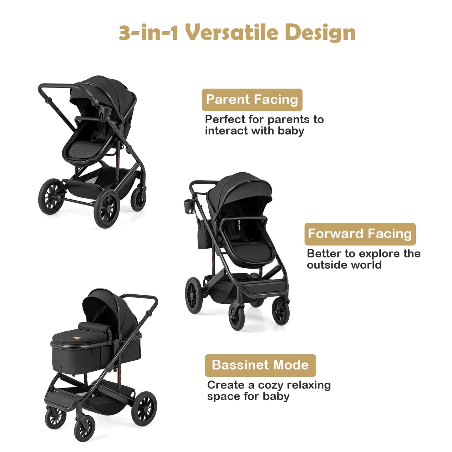 3-in-1 Newborn Stroller Folding Convertible High Landscape Toddler Stroller